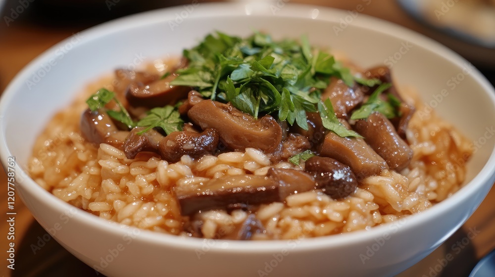 Mushroom risotto garnished with fresh parsley served in a white bowl on a rustic wooden table top Mushroom risotto garnished with fresh parsley served in a white bowl on a rustic wooden table top