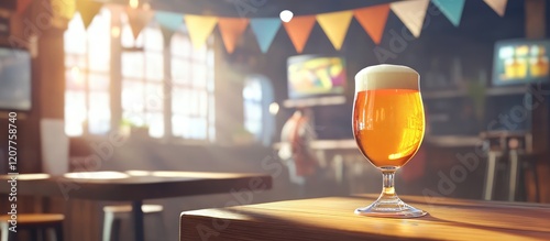 Beer glass on wooden pub table with colorful bunting decor hanging above, empty sports event banner in bright, sunny, warm interior atmosphere. photo