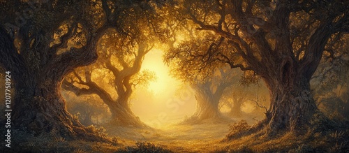 Golden sunrise beams pierce through ancient trees in a misty forest creating a tranquil and picturesque morning scene with ample space for text.