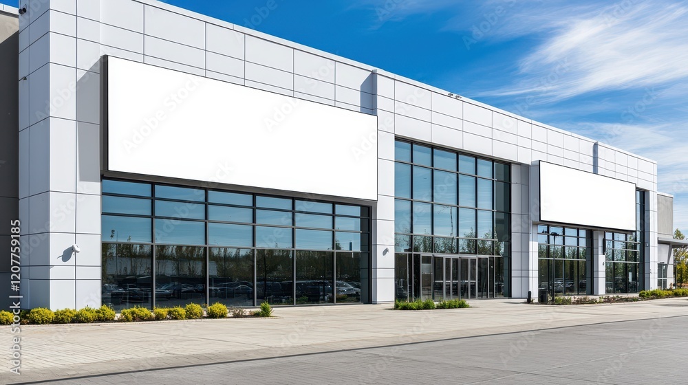 Obraz premium The modern building facade features a sleek and light design, with a prominent blank banner ready for ad display.
