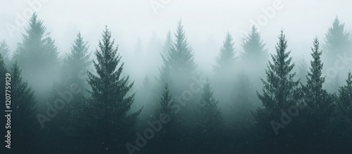 Misty forest landscape with snowy pine trees and foggy backdrop creating empty space for text or graphic overlay