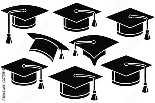 set of Grad cap silhouette icon. Clipart image isolated on white background