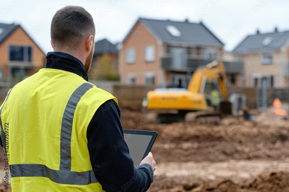 Fototapeta premium Construction worker using tablet on site with excavator and houses in background