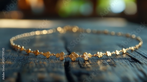 Delicate gold bracelet with floral designs resting on a wooden surface in nat...