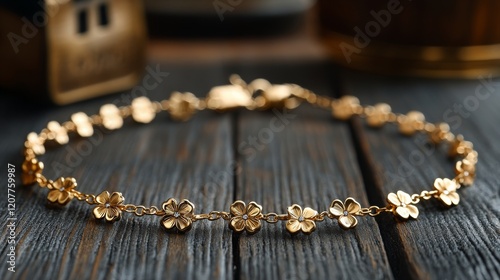 Delicate gold bracelet with floral designs resting on a wooden surface in nat...