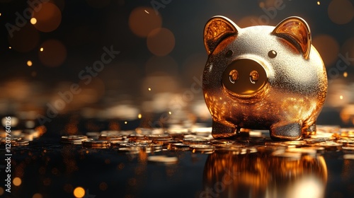 Golden piggy bank surrounded by coins reflecting light in a dimly lit environ...