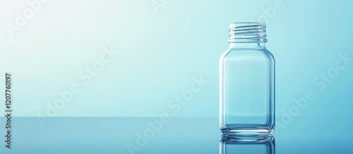 Clear glass bottle with open lid on glossy reflective surface against soft blue gradient background providing ample empty copy space for advertising photo