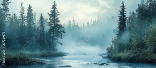 Misty forest landscape with a calm river and fog creating a serene atmosphere perfect for text overlays and nature themes