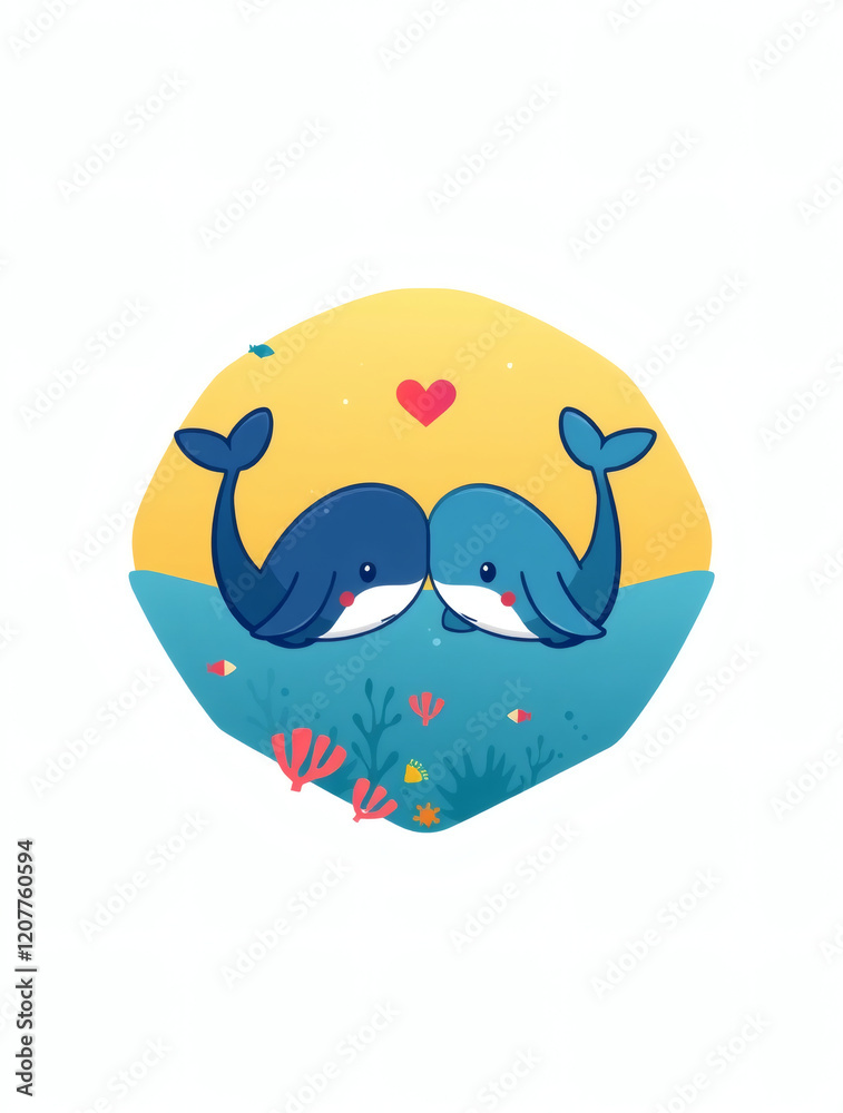 Whimsical underwater moment between two playful whales in a vibrant ocean landscape filled with love and color Whimsical underwater moment between two playful whales in a vibrant ocean landscape filled with love and color
