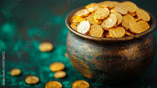 Golden pot filled with coins shines brightly against a colorful background at...