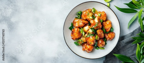 Top view of fried uha with scallions on a neutral plate, surrounded by green leaves, with ample empty space for text above. photo