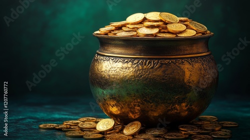 Golden pot filled with coins shines brightly against a colorful background at...