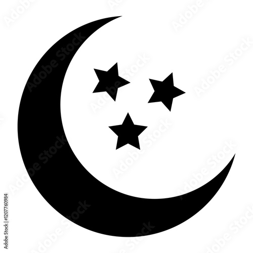Crescent moon icon. Crescent design with stars. Boho moon illustration. Vector isolated on white background.