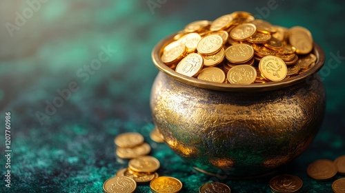 Golden pot filled with coins shines brightly against a colorful background at...
