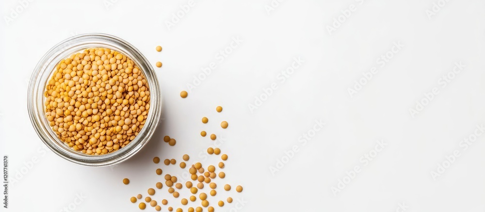 Top view of a glass jar containing yellow lentils on a white surface, with scattered lentils and blank space for text or design elements. Top view of a glass jar containing yellow lentils on a white surface, with scattered lentils and blank space for text or design elements.
