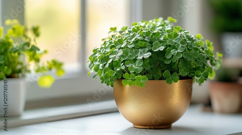 Vibrant green plant in a decorative golden pot on a bright windowsill with ot...