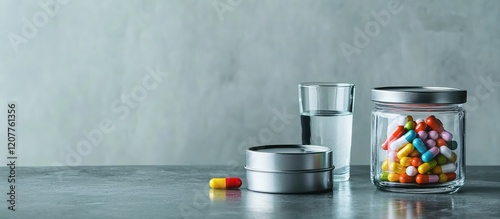 Colorful capsules in a glass jar beside a pillbox and a clear glass of water on a gray surface with empty space for text and minimalist design