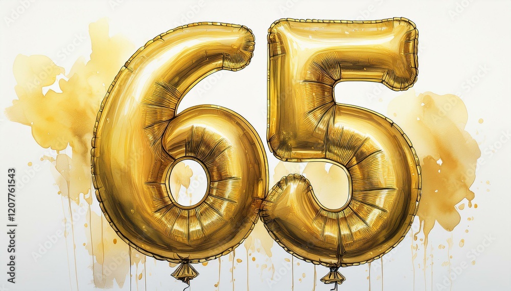 Obraz premium Gold birthday / anniversary party balloon, number 65, watercolor painting with white background