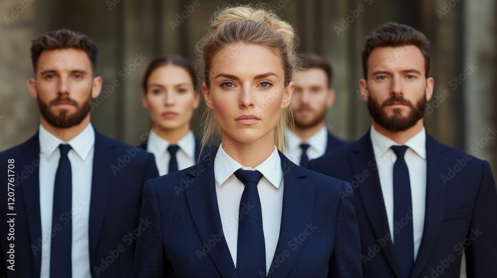 Confident Team in Suits: A team of professionals in smart blue suits and crisp white shirts, standing in formation, project an aura of authority and ambition. The female leader in the center. Confident Team in Suits: A team of professionals in smart blue suits and crisp white shirts, standing in formation, project an aura of authority and ambition. The female leader in the center.