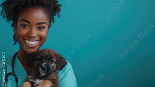 African American female veterinarian in scrubs holding a puppy in arms with bright turquoise background and soft lighting conveying professionalism and care photo