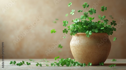 Lush green clover plant in decorative pot with shimmering background of soft ...