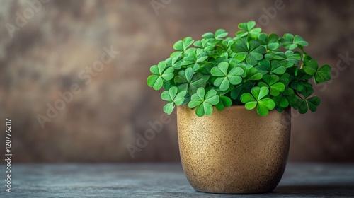 Lush green clover plant in decorative pot with shimmering background of soft ...