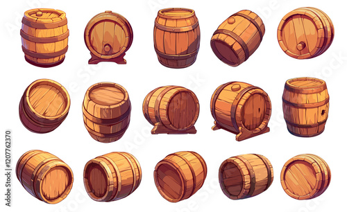 Cartoon barrels. Wooden oak casks for whiskey wine beer alcohol beverage, game graphics item vector illustration