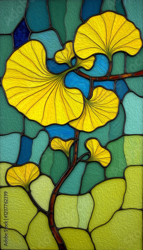 Wallpaper Mural Colorful stained glass window. Botanical pattern. Multicolored interior design template. Gingko Biloba Torontodigital.ca