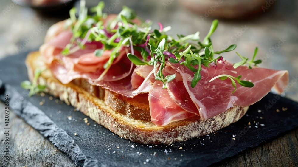 Gourmet Sandwich with Prosciutto and Microgreens on Rustic Bread Showcasing Rich Textures and Flavors Gourmet Sandwich with Prosciutto and Microgreens on Rustic Bread Showcasing Rich Textures and Flavors