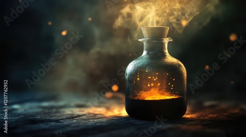 Glass bottle containing a mystical alchemy potion with orange glowing liquid and swirling smoke on a textured dark wooden surface. photo