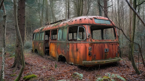 Abandoned Vintage Bus Surrounded by Trees and Foliage in Forest Setting with Rusty Orange Color in Morning Light
