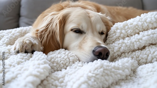 Golden retriever puppy sleeping peacefully on a cozy blanket in a calm indoor...