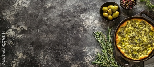 Pan of Green Focaccia Bread with Rosemary and Olives on Dark Textured Surface, Surrounded by Olive Bowl and Fresh Herbs, with Empty Space for Text photo