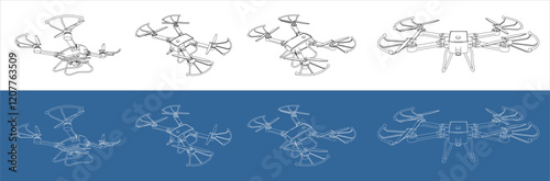 set technical drawing of drone. blueprint line vector . From all side view isolated on transparent background