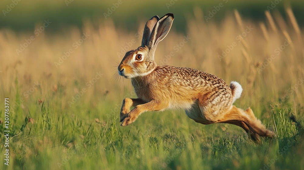 Obraz premium Hare sprinting across a sunlit meadow showcasing natural agility and dynamic movement in a serene countryside setting