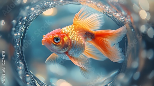 Colorful goldfish swimming gracefully in an aquarium with shimmering water an...