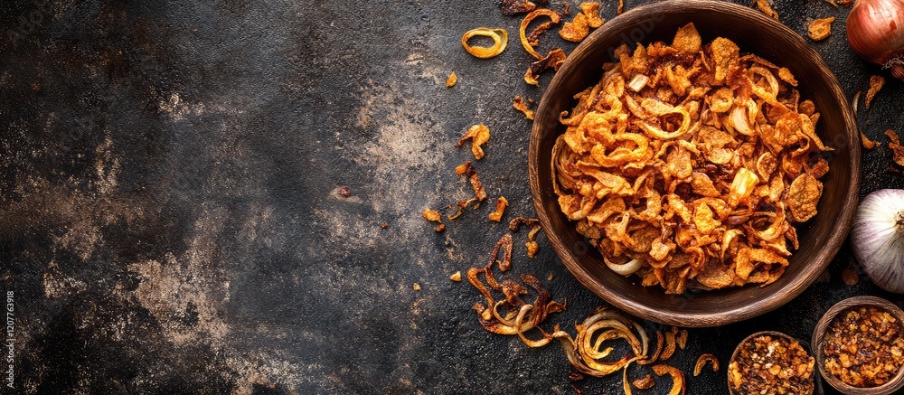 Crunchy Fried Onion Snack Mix in a Bowl with Seasoned Pieces and Raw Onions on Dark Surface, Empty Space for Text and Branding Crunchy Fried Onion Snack Mix in a Bowl with Seasoned Pieces and Raw Onions on Dark Surface, Empty Space for Text and Branding