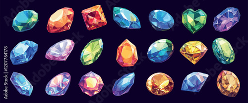 Cartoon gemstones. Shiny colorful gem stones diamonds sapphires emeralds and rubies, fantasy treasure game elements set vector illustration