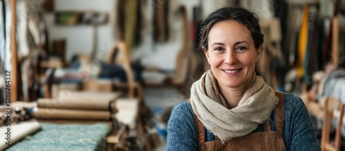 Textile worker smiling in workshop with colorful fabrics and wooden shelves featuring empty copy space for text in soft lighting