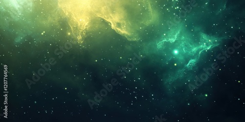 Stunning view of a green and yellow nebula in the starry universe photo