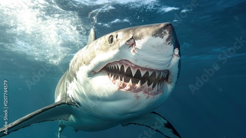 Great white shark showcasing formidable teeth in clear ocean waters illustrating marine predator dynamics and underwater beauty photo