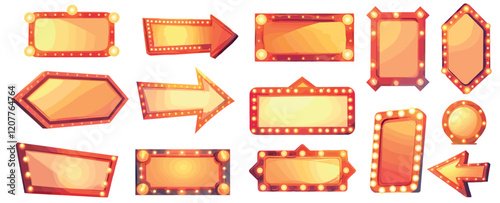 Cartoon lightboxes. Retro style illuminated signs arrows borders with bulbs for movie theaters billboards circus shows set vector illustration