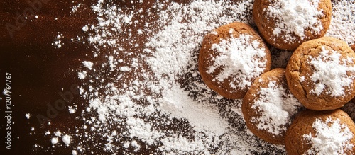Close up of gingerbread cookies dusted with powdered sugar and white sprinkles on dark wooden background for festive winter holiday theme with empty space