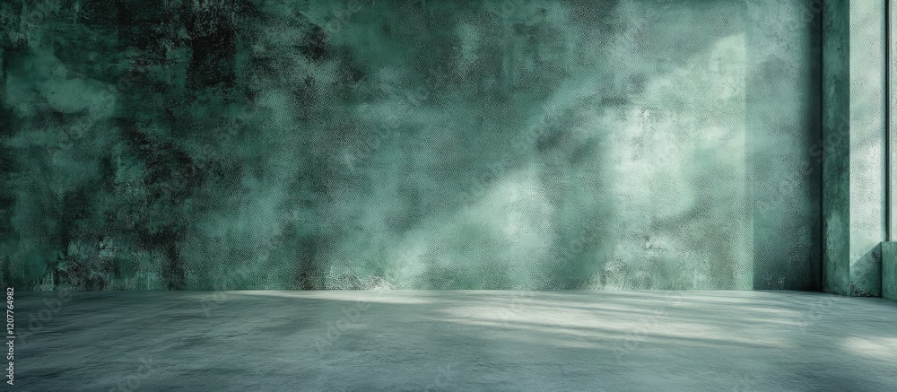 Empty Studio Interior with Green Cement Wall and Concrete Floor Bathed in Natural Light Featuring Ample Copy Space for Text Empty Studio Interior with Green Cement Wall and Concrete Floor Bathed in Natural Light Featuring Ample Copy Space for Text