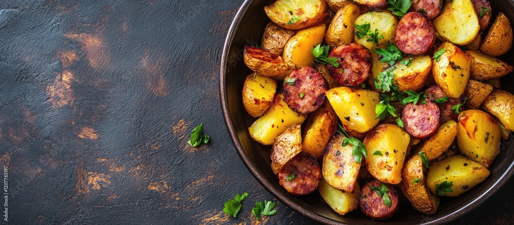 Fried golden potatoes and sliced salami sausage in a dark bowl with fresh parsley on a textured dark background featuring empty space for text.