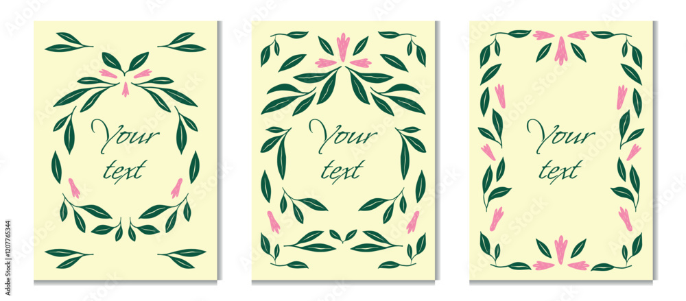 A set of vertical templates featuring hand-drawn floral patterns, calligraphic text placeholders, and botanical elegance. Ideal for invitations, greeting cards, or romantic designs.
