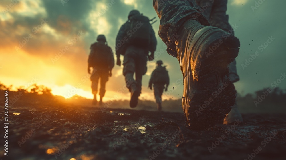 Fototapeta premium Group of armed soldiers walking through rugged terrain, captured from a low angle with boots in the foreground, emphasizing movement, military strength, and teamwork.