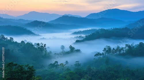 Enchanting Misty Tropical Rainforest Landscape at Dawn with Soft Blue Fog Rolling Over Lush Green Hills and Serene Mountain Backdrop