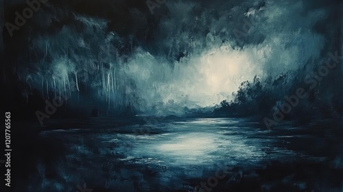 Stormy landscape with dark clouds and reflective water under a dim light, featuring deep blues and grays creating a dramatic atmosphere. photo