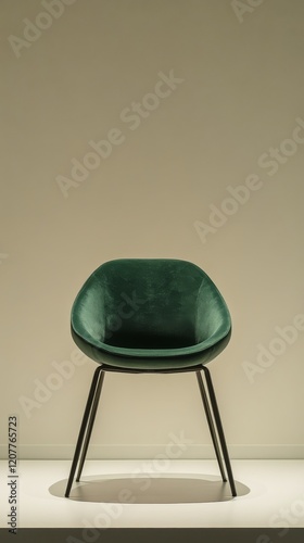 Empty green chair against a minimalist wall in a quiet indoor space